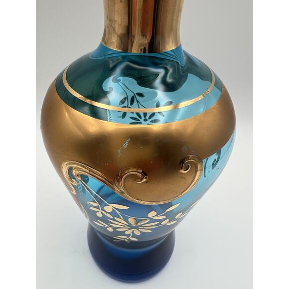 Vintage Venetian Murano Glass Enamel Flower Gold Gilt Blue Decanter NO STOPPER - Picture 8 of 10